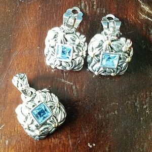 PREMIER USA BLUE TOPAZ GLASS STONES PENDANT & CLIP ON EARRINGS SIGNED